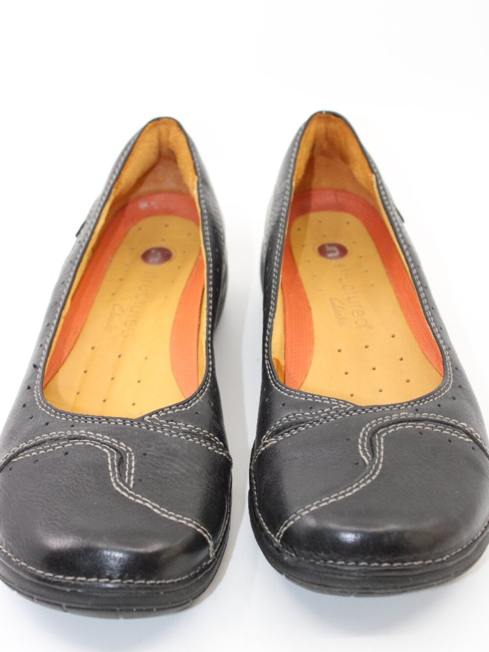 Clarks structured Women Wedge Shoes 8M Black Leather Cushion Casual - Picture 2 of 7